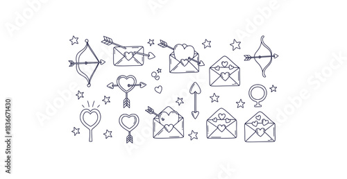 Hand drawn black line art doodle clipart with hearts arrows sparkles and love letters for valentine s day