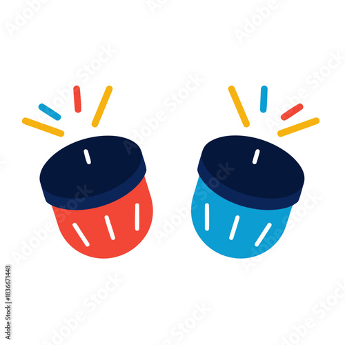 Two colorful drums one red and one blue with yellow red and blue accents against a black background in a flat vector art style