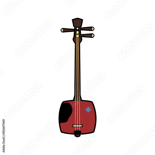 Traditional Japanese Shamisen Stringed Instrument in Flat Vector Art Style With Red Body and Dark Neck Detailed Clean Sticker Graphic Minimalist Design