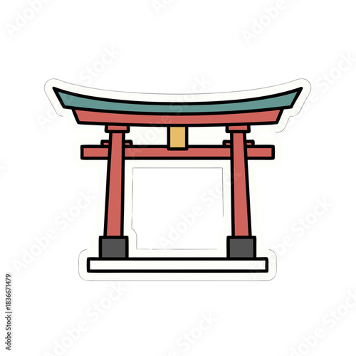 Traditional Japanese Torii Gate In Dark Blue And Purple Hues Rendered In A Minimalist Flat Vector Art Style With Clean Lines And A Sticker Border