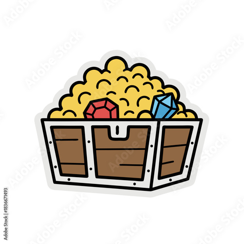 Treasure Chest Overflowing With Gold Coins And Blue Gems With Two Burlap Sacks Filled With Coins Scattered Around On A White Background