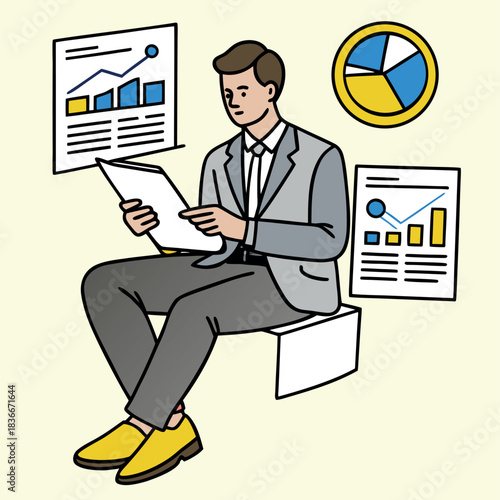 Minimal modern business illustration featuring a professional seated in a chair with floating documents and folders representing workflow, productivity, and digital organization.