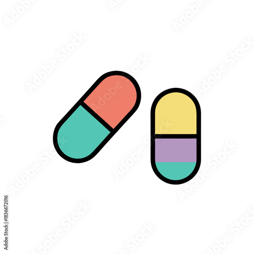 Two Flat Vector Art Capsules One Coral Turquoise And The Other Yellow Purple Teal Against Black Background Medical Health Concept