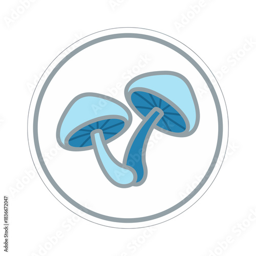 Two Light Blue Mushrooms With Blue Stems And Gills Inside A White Circle With Gray Outline