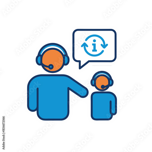 Two people wearing headsets one pointing the other looking at a speech bubble with an information exchange icon and arrows symbolizing communication and assistance in a clean design