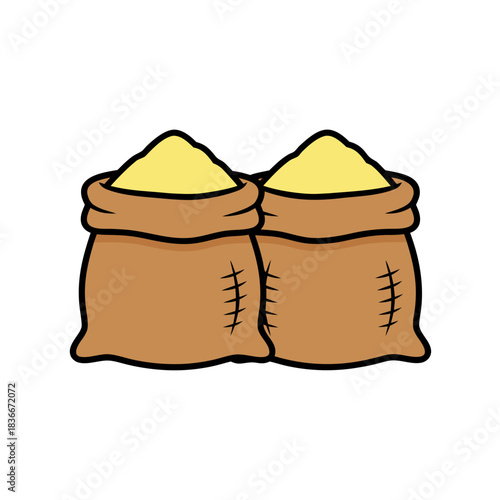 Two Sacks Filled With Yellow Grain or Powder Isolated on Black Background Simple Vector Illustration