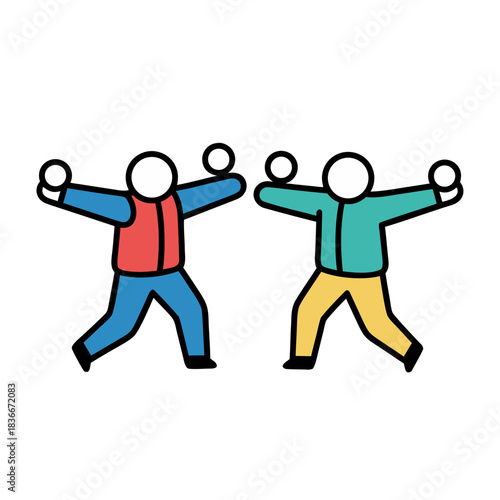 Two Simple Cartoon Characters Playing with Snowballs on a Black Background Outdoor Winter Fun Activity Illustration