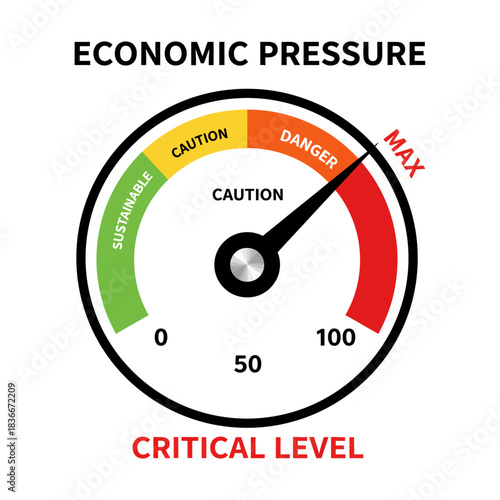 economic pressure at maximum level gauge showing critical stage ideal for illustrating business risk financial crisis or urgent action required.