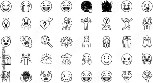 Hand-drawn Black and White Line Art Doodle Icons: A Comprehensive Collection of Human Emotions, Psychological States, Mood Emojis, and Mental Health Concepts.