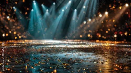 Colorful spotlights shine on a sparkling stage during a festive event at night