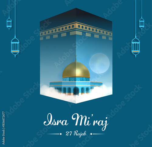 Isra Miraj 2026 Illustration with Dome of the Rock and Kaaba on Blue Background for Islamic Night Journey