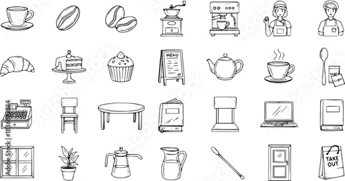 Hand-drawn Black and White Line Art Cafe and Coffee Shop Icons Set. Doodle Sketch Style Food and Beverage Elements Collection with Bakery Items, Baristas, and Restaurant Accessories.