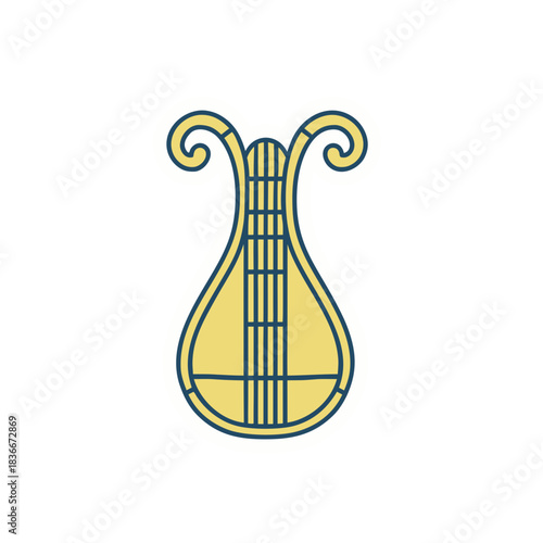 Yellow Ancient Lyre Musical Instrument Sticker With Blue Outline On Black Background Flat Vector Art Style