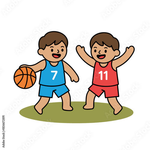 Two young boys playing basketball on a grassy field one boy wears a blue jersey with the number seven and the other wears a red jersey with the number eleven both boys are smiling and appear to be