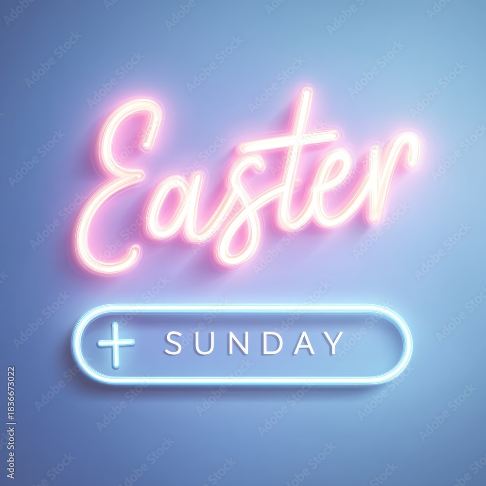 Fototapeta premium Neon sign announces Easter Sunday on a blue gradient