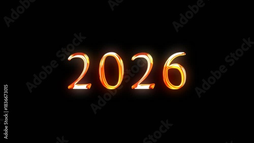 Alpha channel is included. Congratulatory New Years intro. Decorative golden text, 2026. Form and glow effect. 3D animation. Quick Time, codec: PNG, 16-bit color, highest quality. 