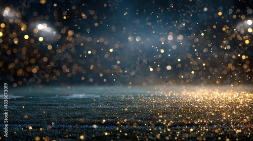 Stunning golden sparkles fill the air above a football field during a night match celebration