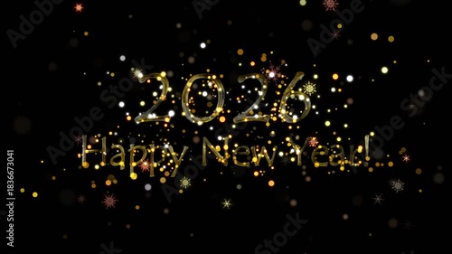 Alpha channel is included. 2026 Happy New Year. Congratulatory Christmas video card. Decorative golden title. Artistic intro (introductory template).  Quick Time, codec: PNG, 16-bit color