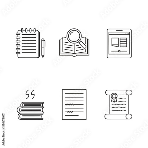 Education icons depicting learning resources for web design showcasing knowledge acquisition study perfect for educational websites and online course materials.