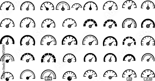 Speedometer icon, gauge symbols, meter illustrations, needle indicator vector collection, dashboard element vehicle graphic, measuring tools, speed display, automotive UI, infographic element