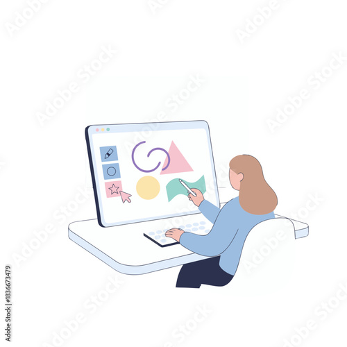 Young Woman Designer Using Drag And Drop Interface On Computer Screen Creating Digital Art With Geometric Shapes And Icons In A Bright Studio Setting