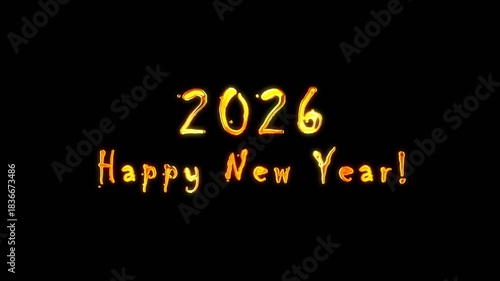 Alpha channel is included. 2026 Happy New Year. Congratulatory Christmas video card. Decorative golden title. Artistic intro (introductory template).  Quick Time, codec: PNG, 16-bit color.