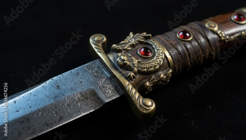 decorative dagger with dragon carving and red gem detail evoking fantasy lore eastern legend and ceremonial craft in a dim studio scene