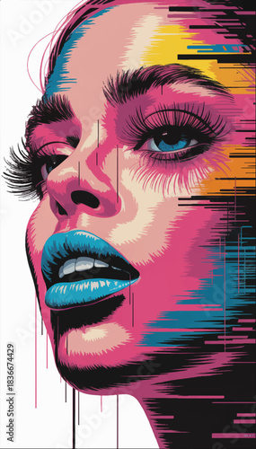 Vivid illustration of a portrait with a female face painted with acrylic or oil paints Vector graphics. EPS.