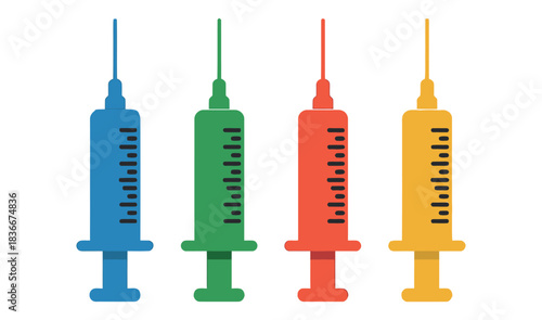 Four colorful syringes stand ready for medical use.