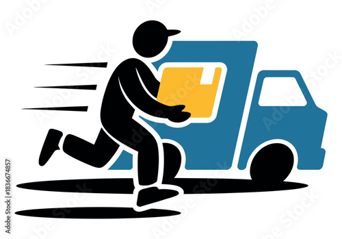 A delivery person rushes to bring a package to a waiting truck, signifying fast service.