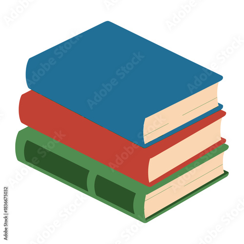 A stack of three colorful books is neatly piled on a white background.