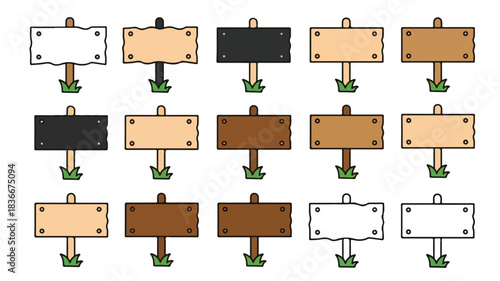 A collection of blank wooden signs on posts with varying colors and rustic edges, suitable for graphic design.