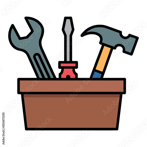 A toolbox holds a wrench, screwdriver, and hammer for home repairs.