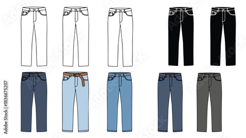 Collection of various styles and colors of jeans, including white, black, blue, and grey denim pants.