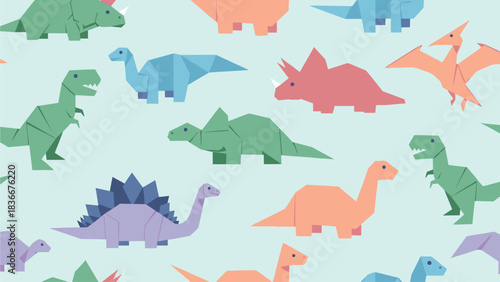 Vector Origami Dinosaur Seamless Pattern – Cute Colorful Design on Light Blue Background
