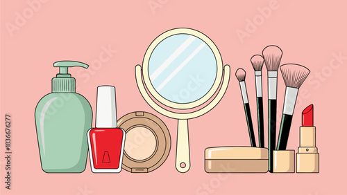 Vector Cute Cosmetics Illustration – Pink Background with Makeup & Beauty Elements