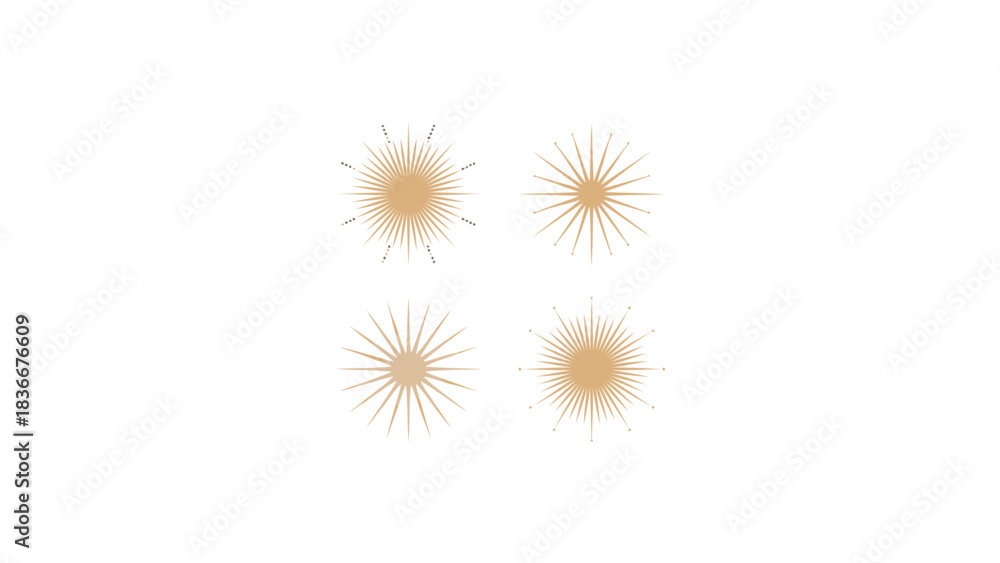 Obraz premium Set of sunburst icons golden radiant starburst elements for graphic design isolated on white background