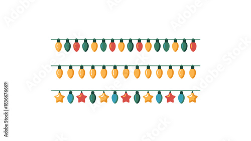 Set of festive Christmas light strings colorful bulbs and star shapes for holiday decoration isolated on white background
