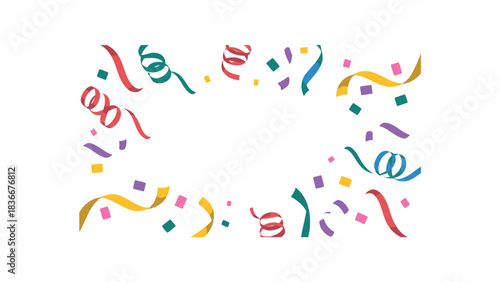 Colorful confetti and streamers frame festive celebration background for party invitations and greeting cards isolated on white