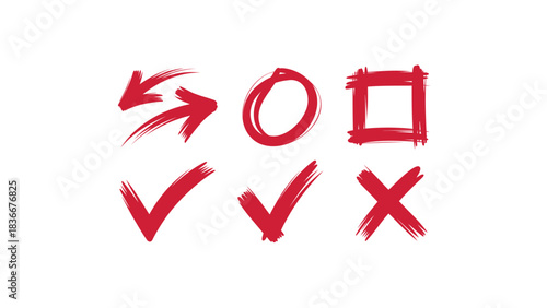 Red hand-drawn checkmarks crosses circles and arrows simple brush stroke symbols for approval rejection or navigation isolated on white