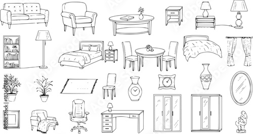 Hand-Drawn Sketch Black and White Line Art Furniture and Home Decor Collection. Outline Illustrations of Interior Design Elements like Sofas, Beds, Tables, Chairs, Lamps, and Accessories.