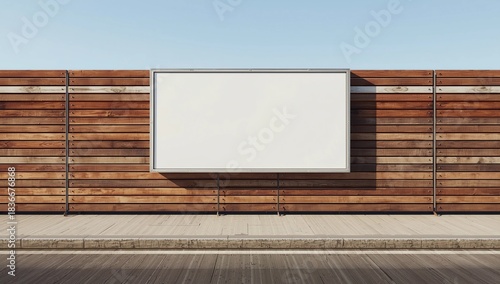 Empty white banner with mockup mounted on wooden scaffolds on urban street outside. Construction site exterior with blank advertising billboard