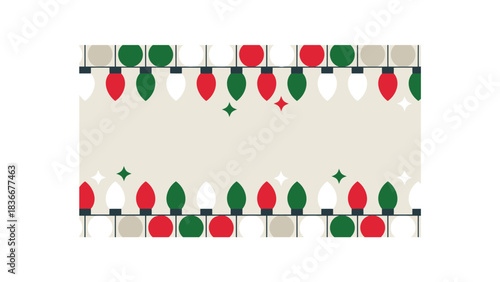 Festive Christmas lights border red green and white bulbs holiday decoration for winter season greeting cards and banners isolated on cr