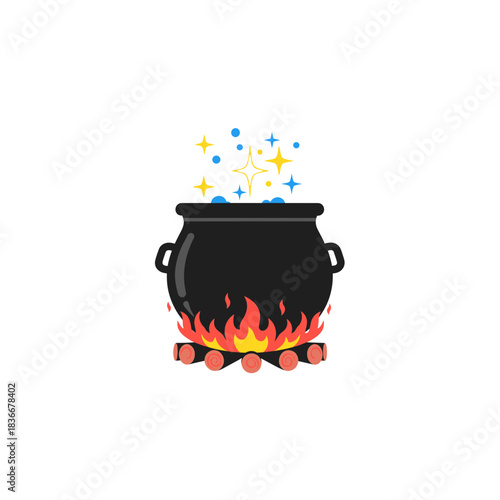 A Black Cauldron Bubbling With Blue Potion And Golden Sparks Above A Fiery Flame On A Dark Background