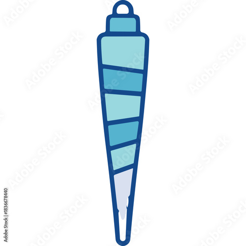Illustration of a Blue Icicle Christmas Ornament with Diagonal Stripes and a Fading White Tip Against a Black Background