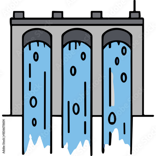 Hydroelectric Dam Structure with Three Water Outlets Showing Flowing Water and Bubbles Against a Grey Background with Black Top Structure
