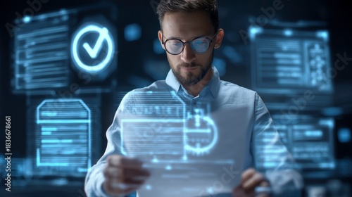 Young Businessman Analyzing Data with Digital Interface Elements