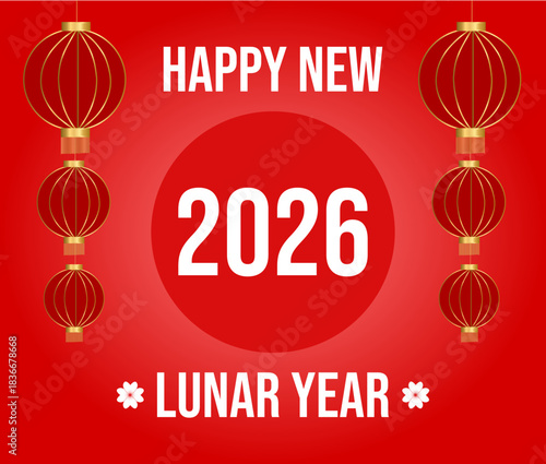 Greeting card with Chinese lanterns and the inscription "Happy Lunar New Year 2026"