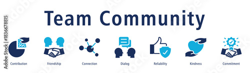Team community icon vector concept featuring collaboration, support, communication, kindness, reliability, and group harmony.