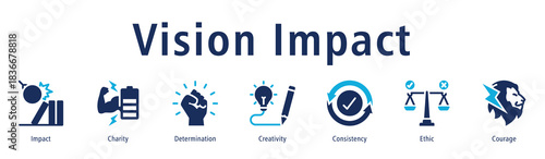 Vision impact icon vector concept showing impact, power, determination, innovation, consistency, and strong strategic direction.